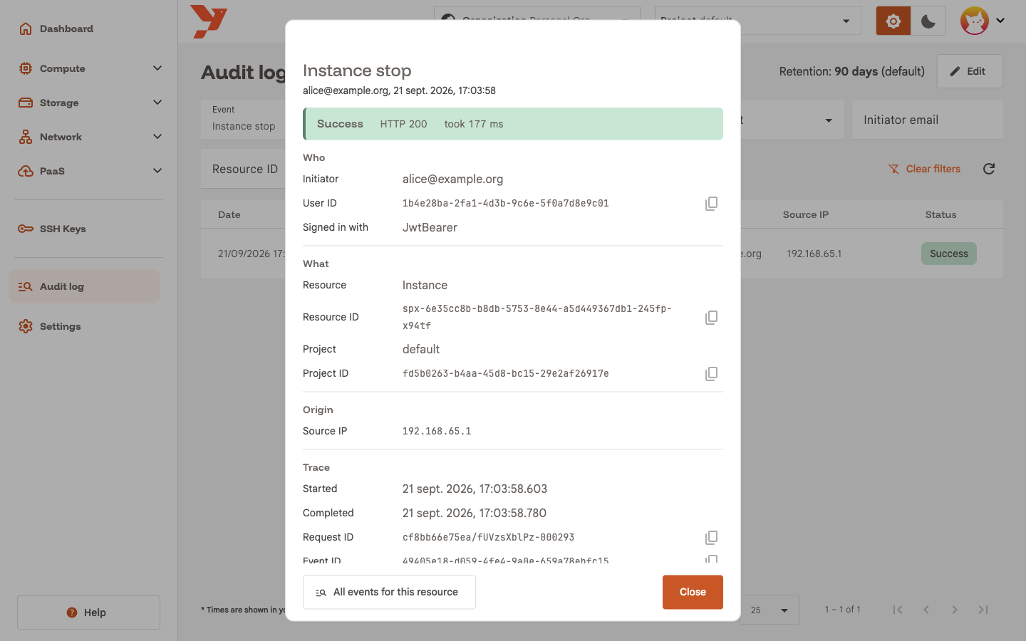 Event dialog for an Instance stop