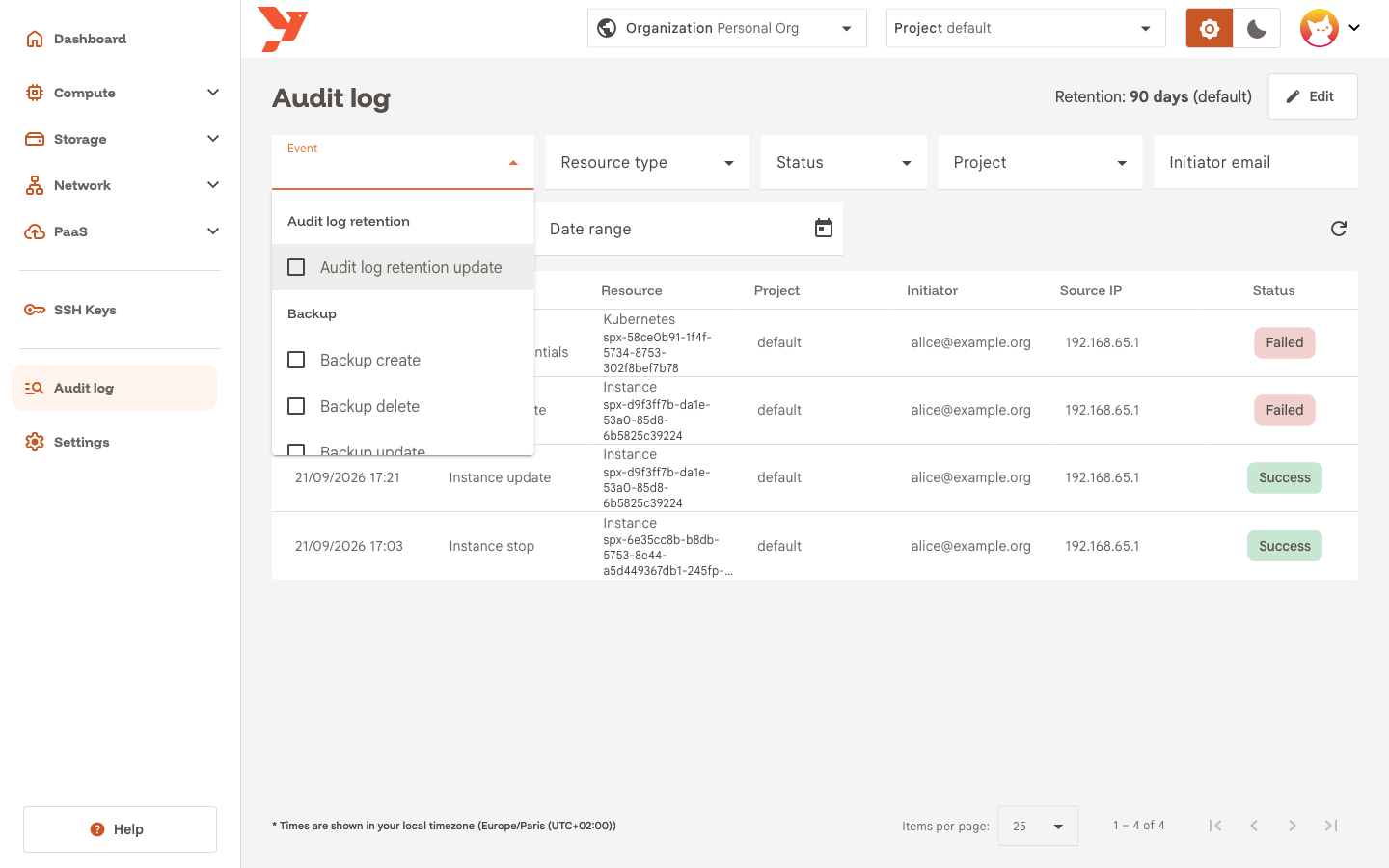 Event filter open, grouped by resource