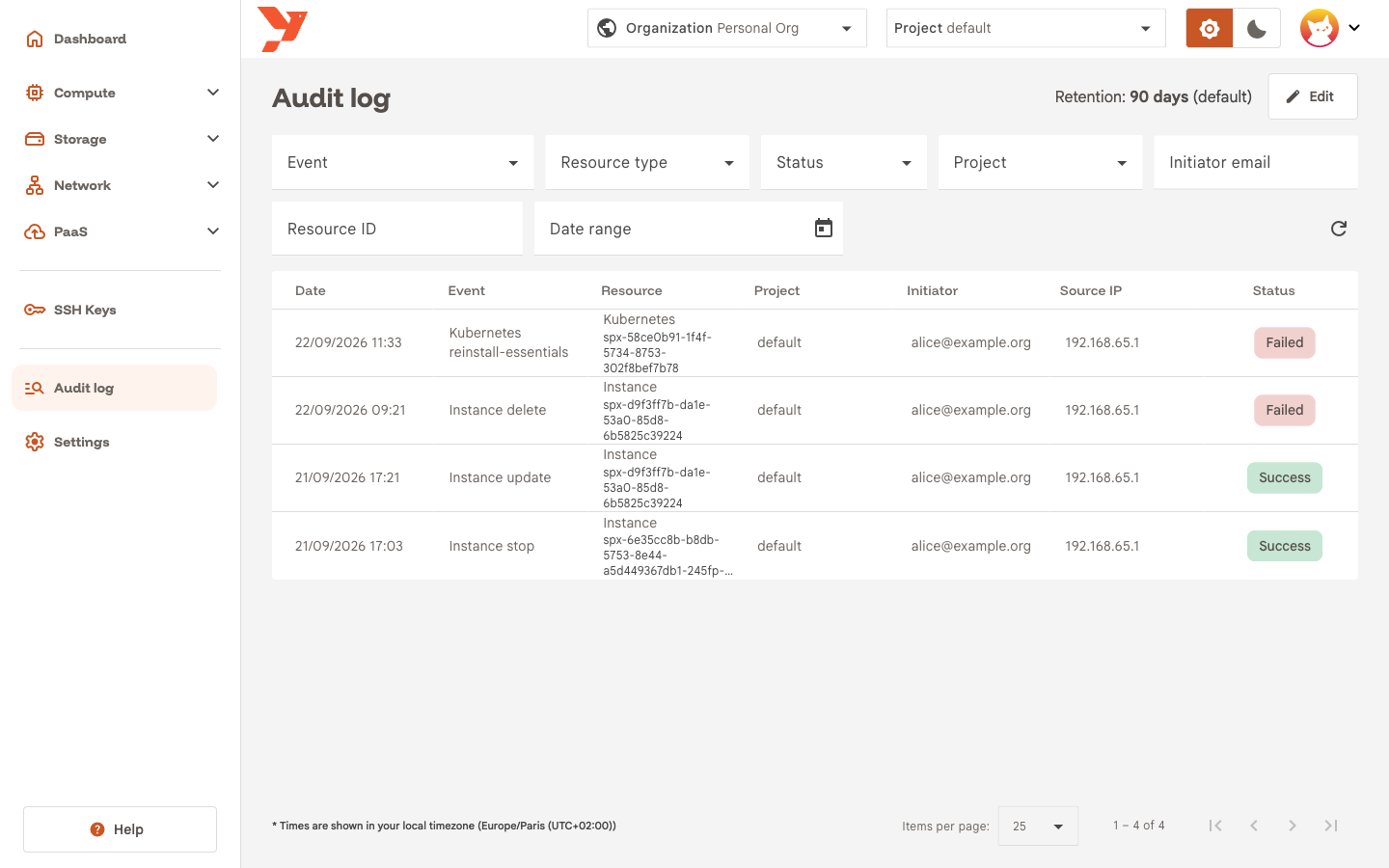 Audit log page with four events