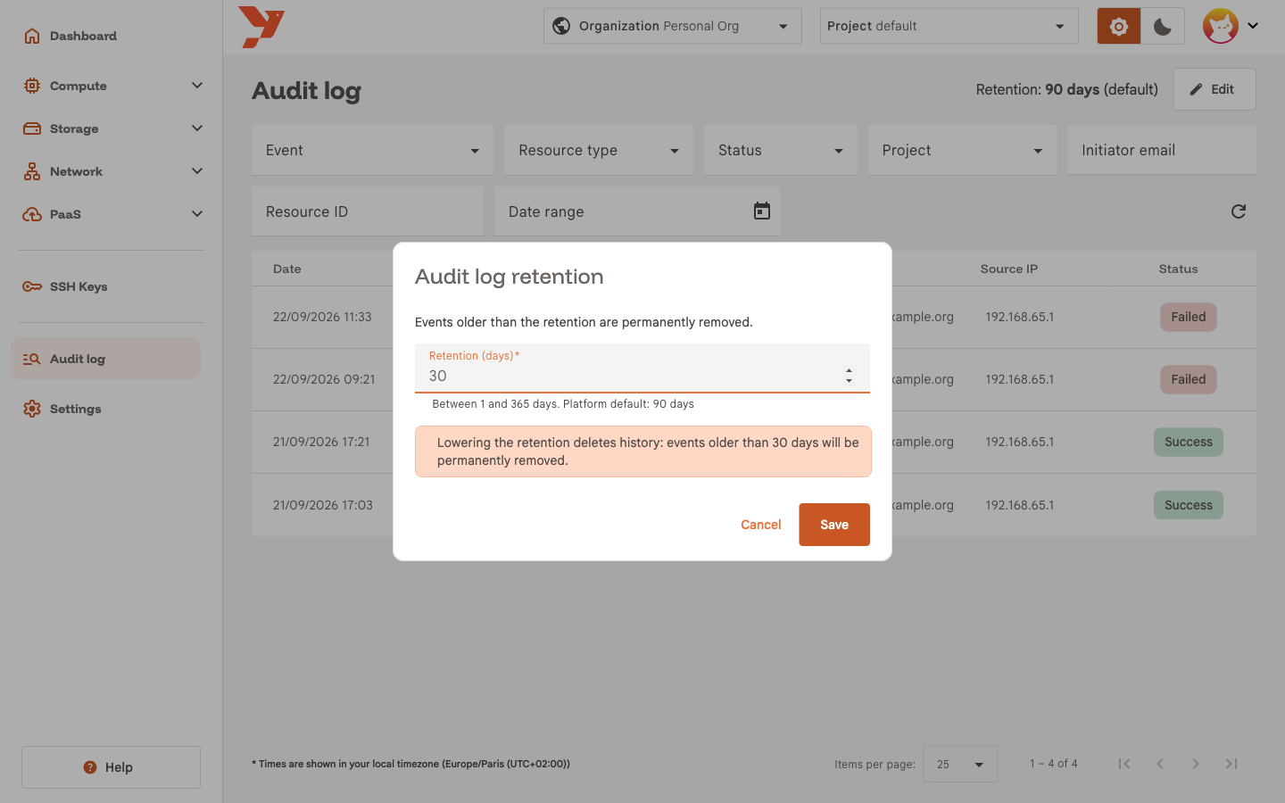 Retention dialog with a lower value and the deletion warning