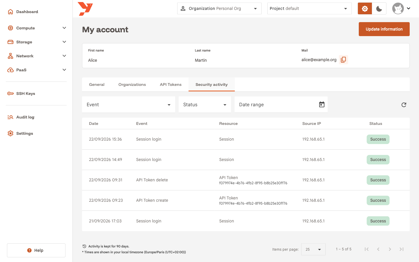 Security activity tab with sign-ins and API token events