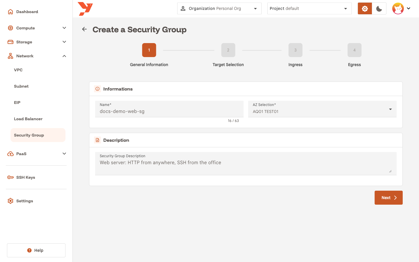 General Information step with name, AZ and description filled