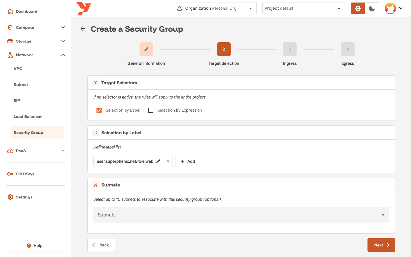 Target Selection step with the role:web label selected
