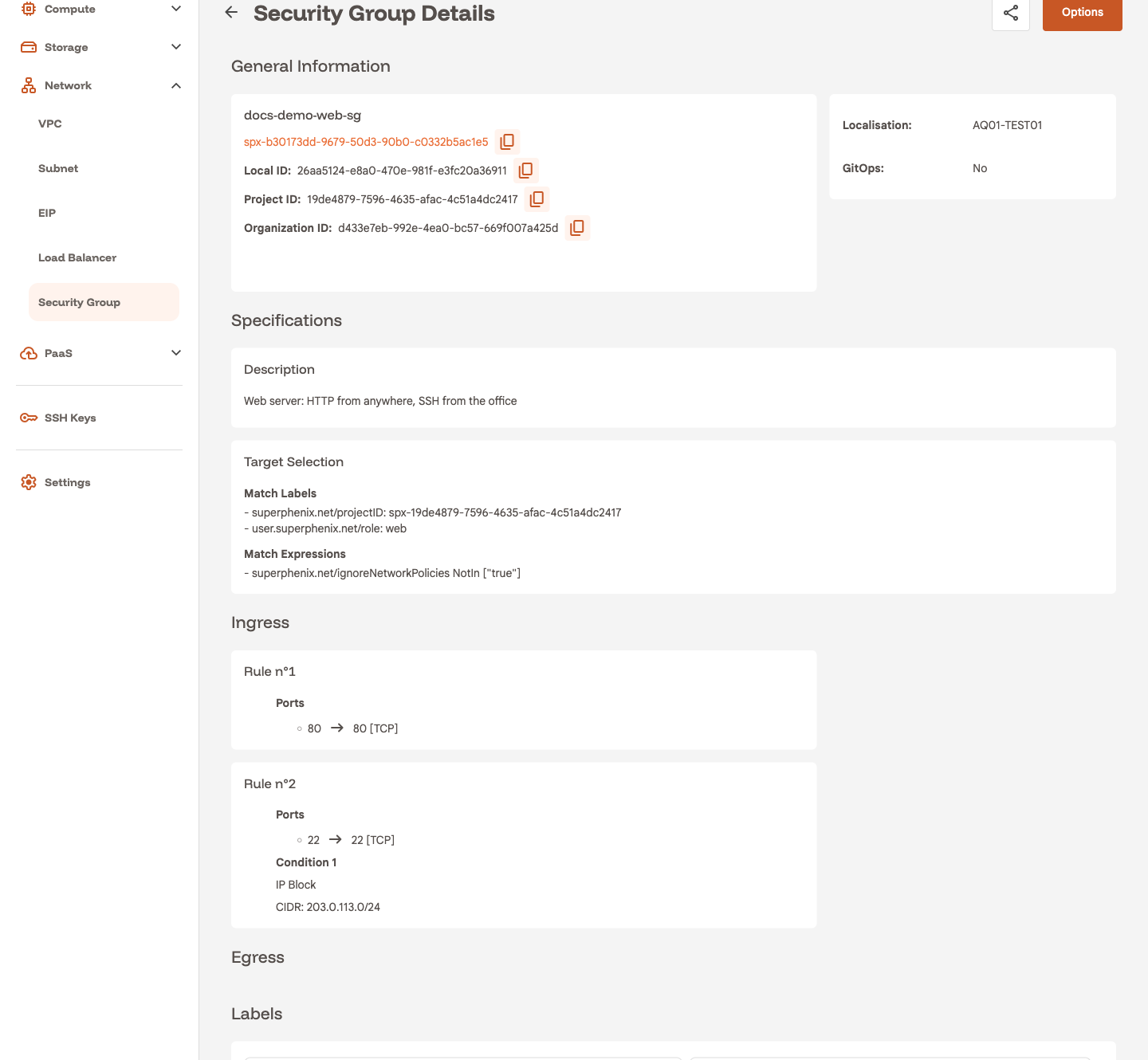 Security group details with the target and the two ingress rules