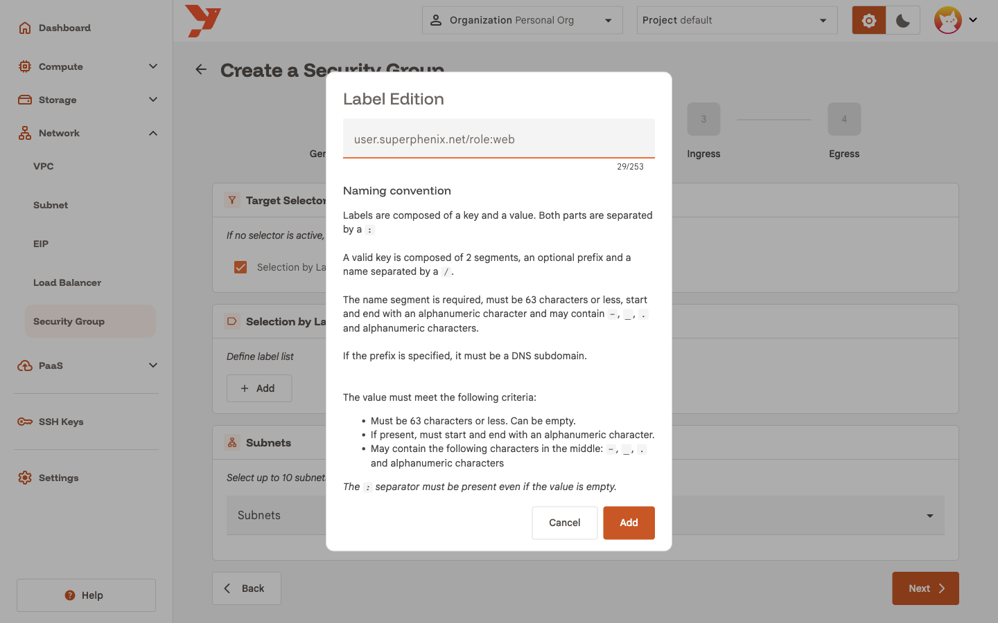 Label Edition dialog with the full label key