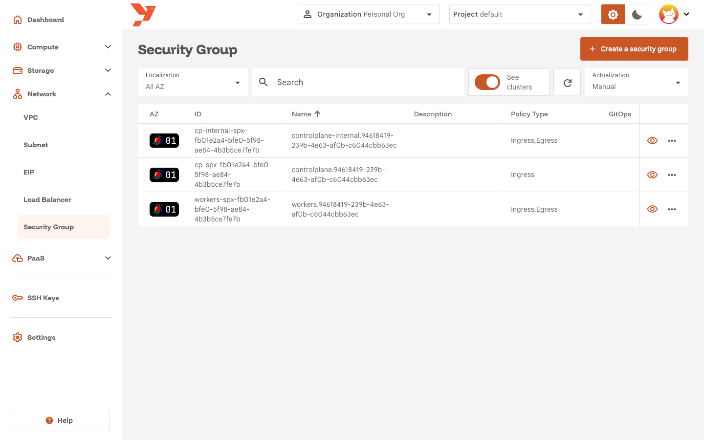 Security group list with the Create a security group button