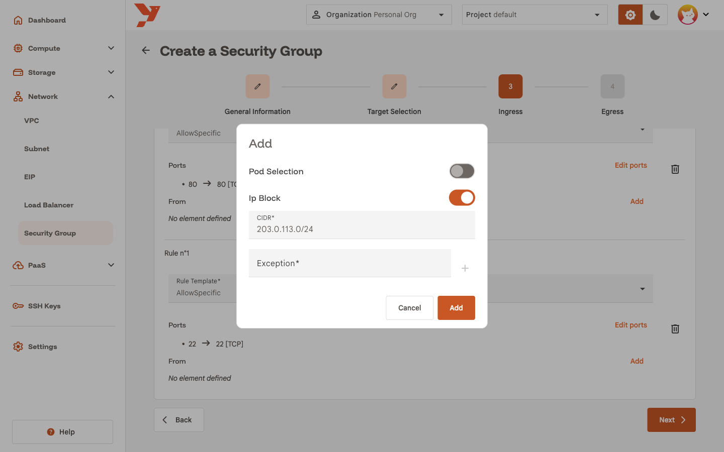 Add condition dialog with Ip Block on and a CIDR