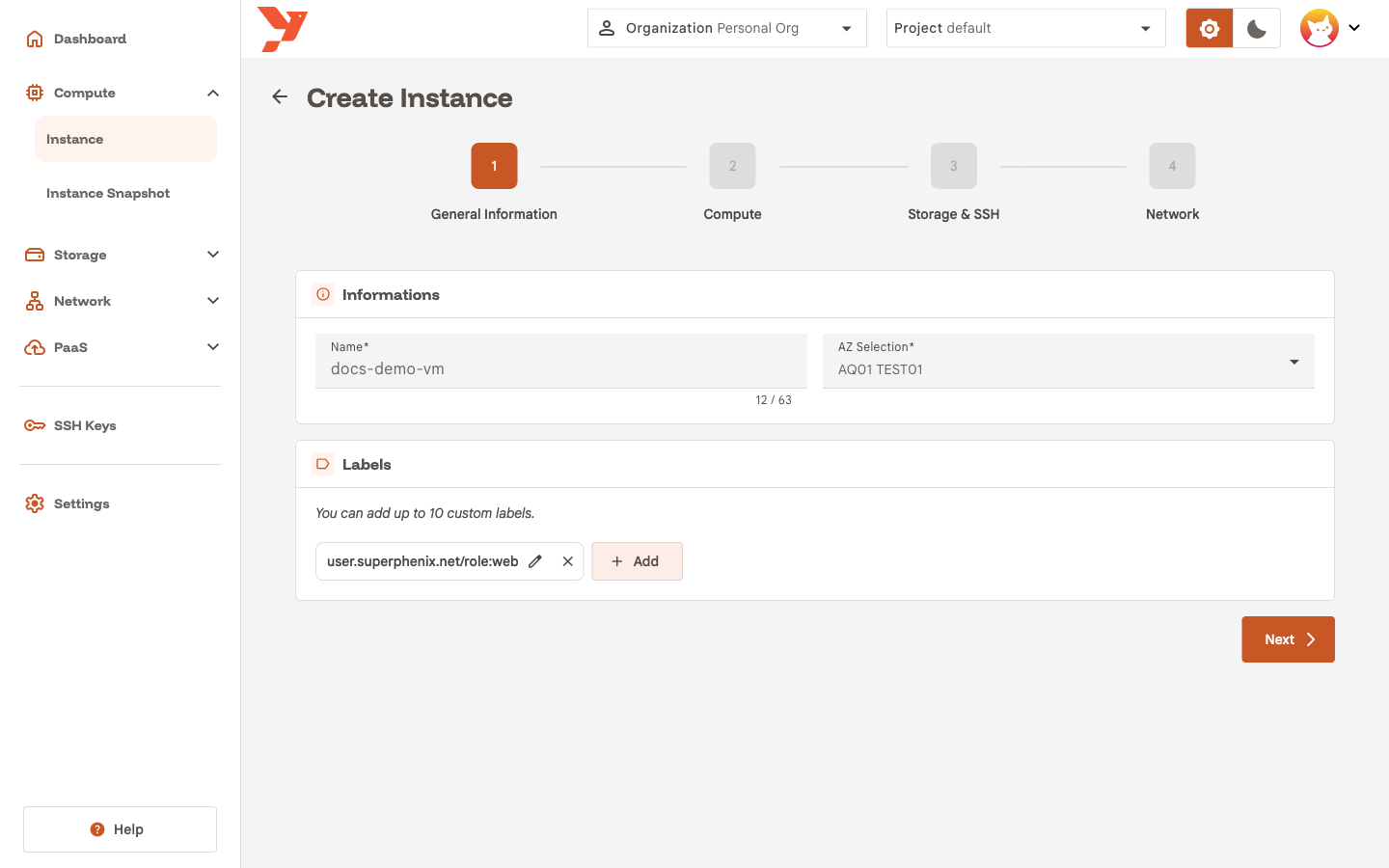 Instance wizard step 1 with the role:web label added