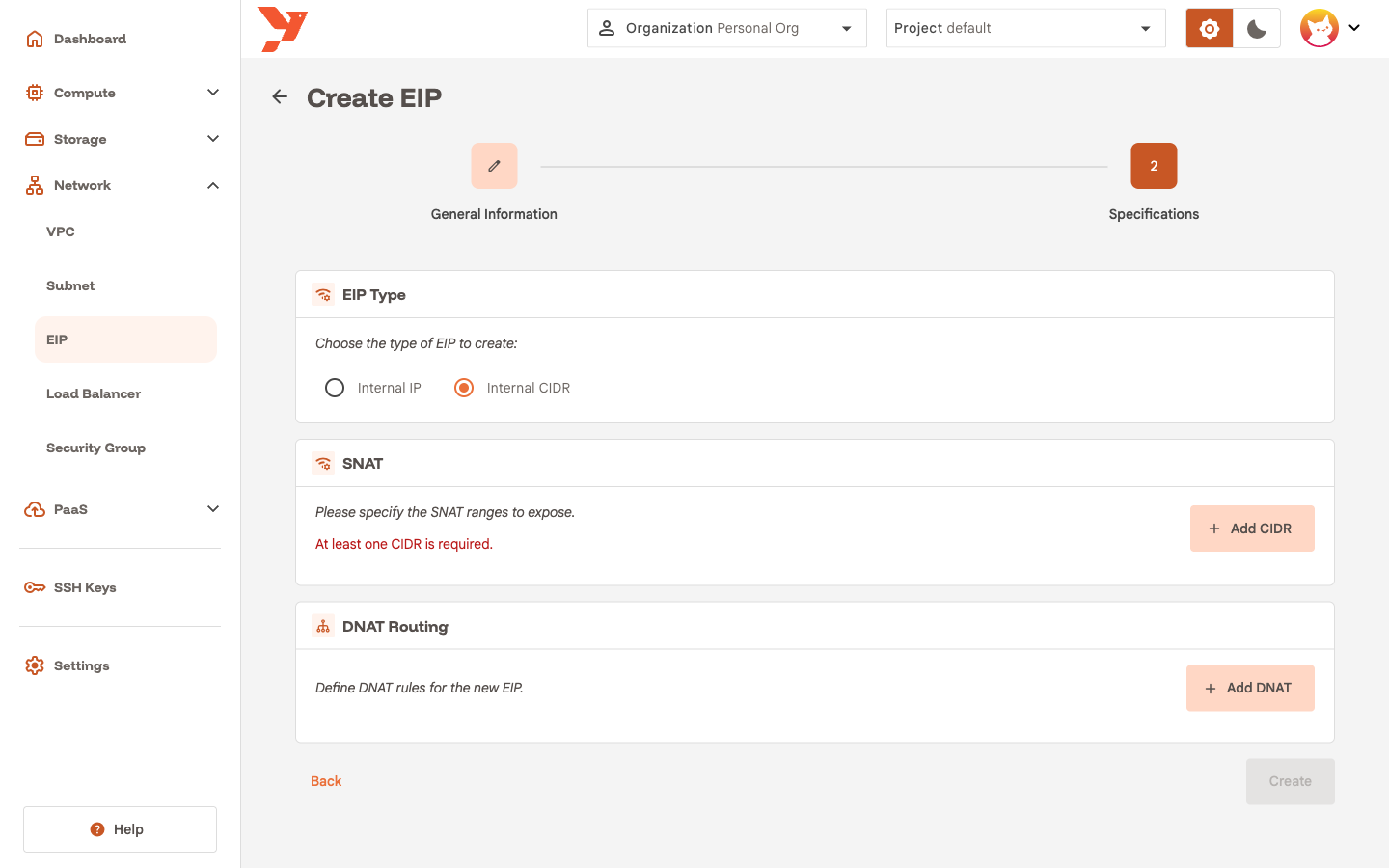 EIP wizard step 2 in Internal CIDR mode