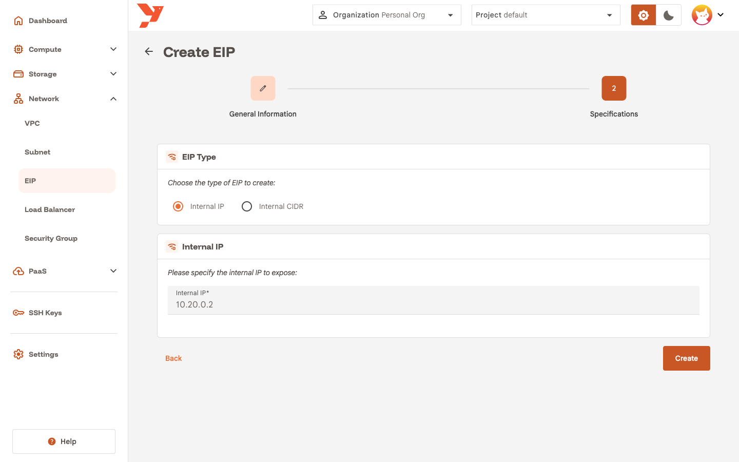 EIP wizard step 2 in Internal IP mode