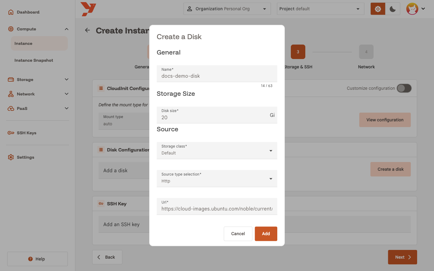 Create a Disk dialog filled with the Ubuntu image URL