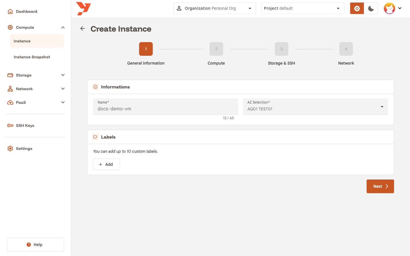 General Information step with name and AZ filled