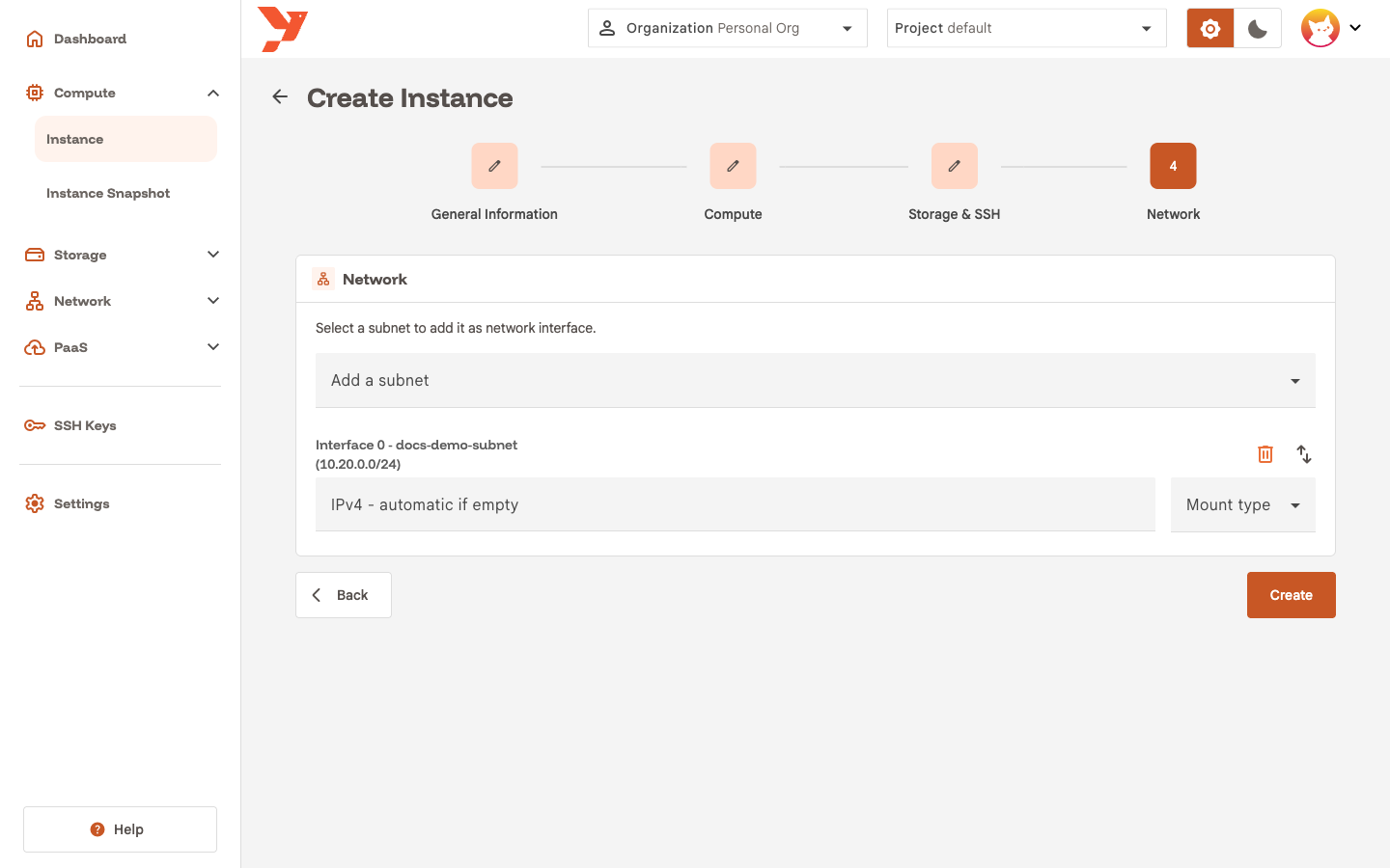 Network step with the subnet added as Interface 0
