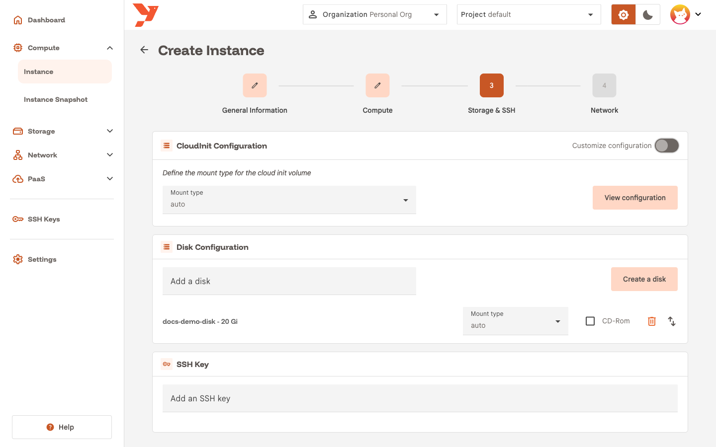 Storage & SSH step with the disk listed