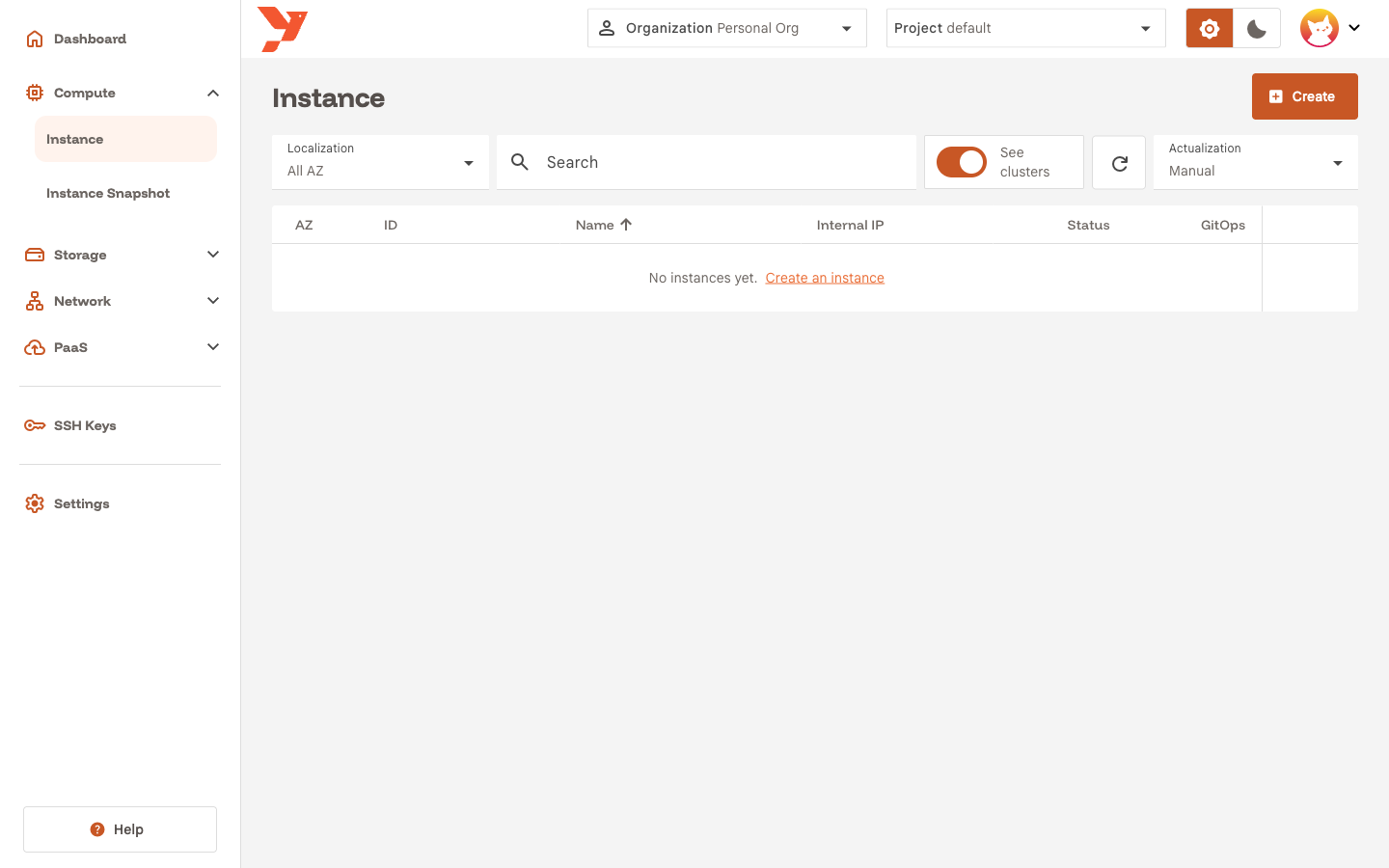 Instance list with the Create button