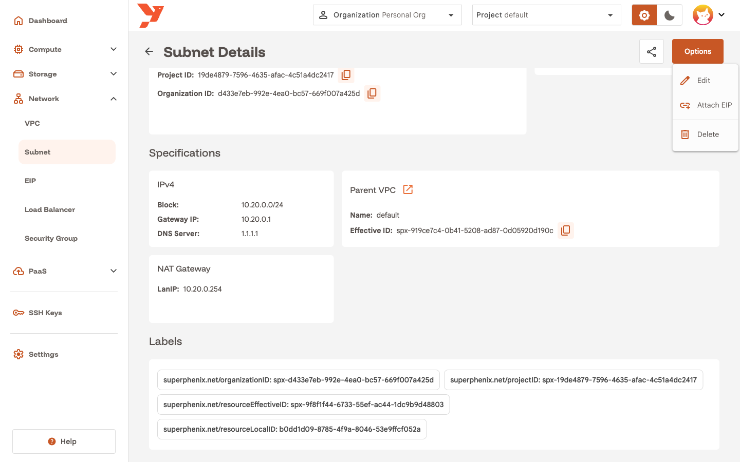 Subnet Options menu with Attach EIP