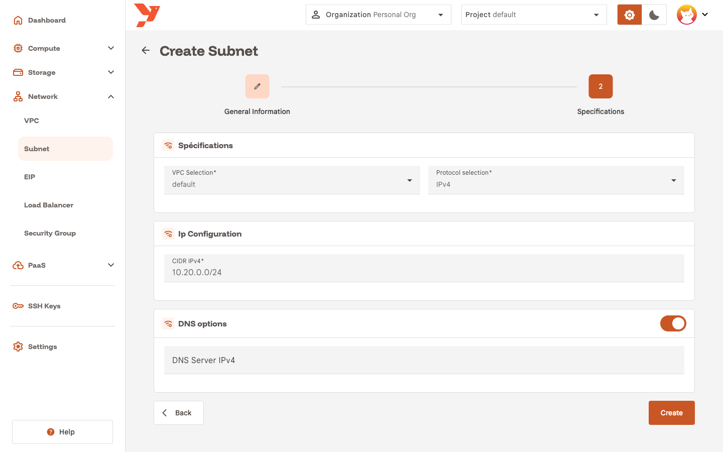 DNS options switched on with the two DNS server fields