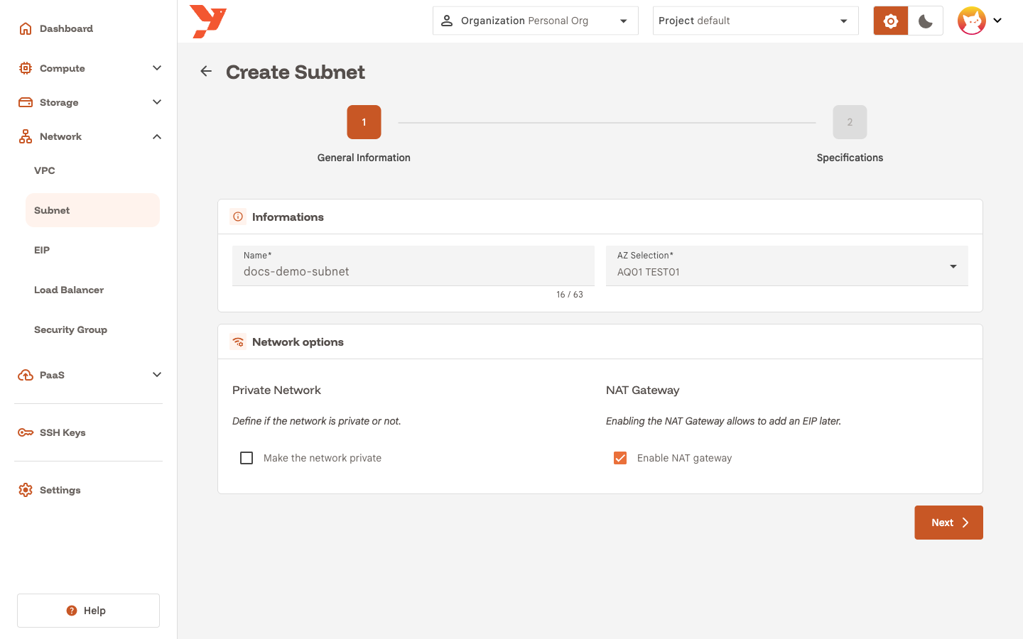 General Information step with Enable NAT gateway checked