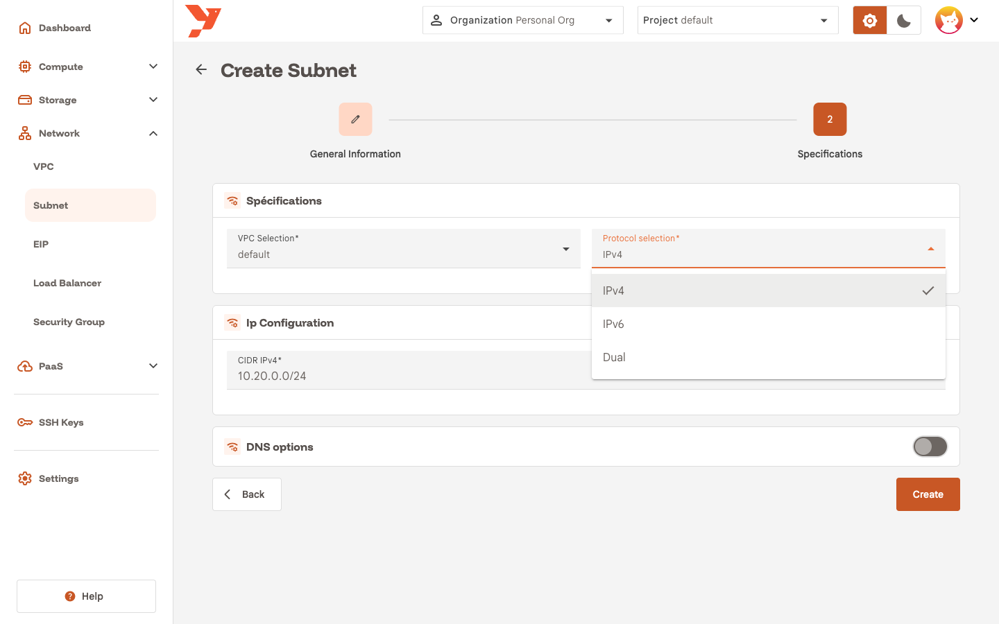 Protocol selection dropdown with IPv4, IPv6 and Dual