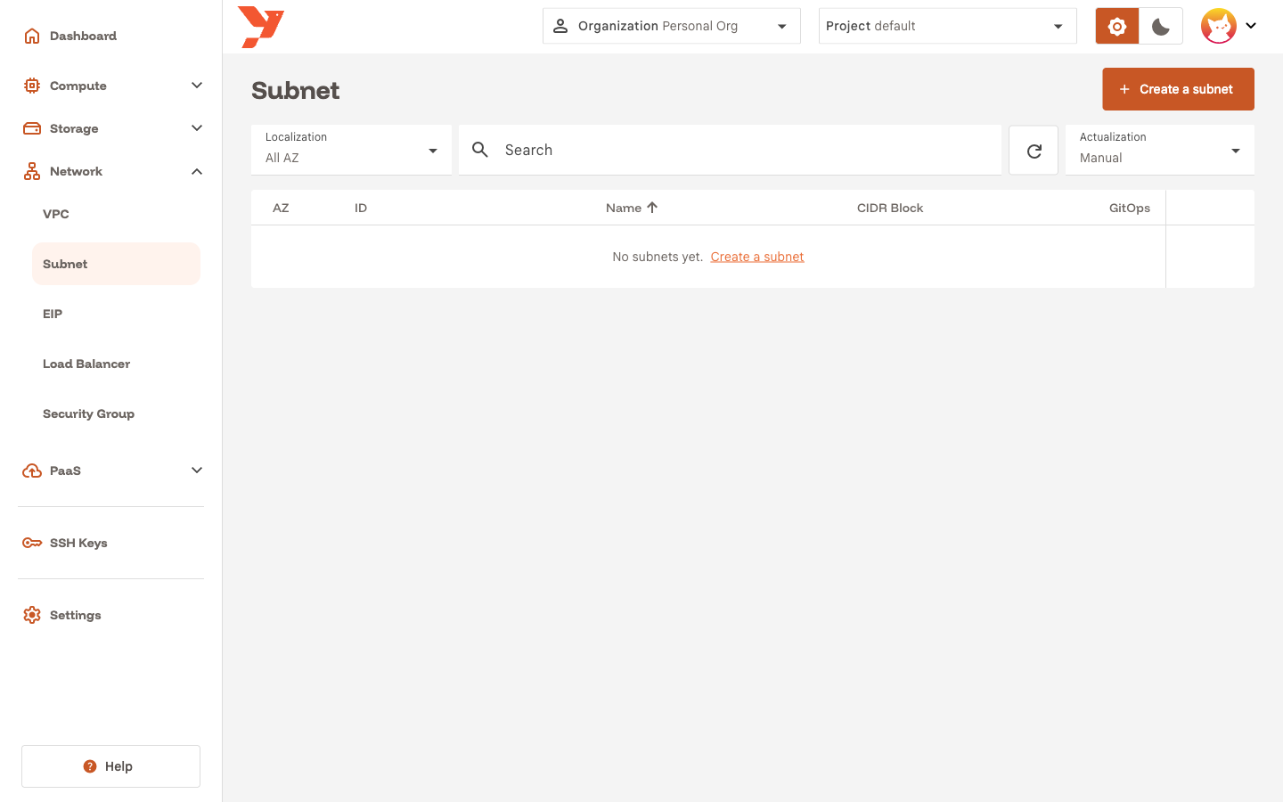 Subnet list with the Create a subnet button