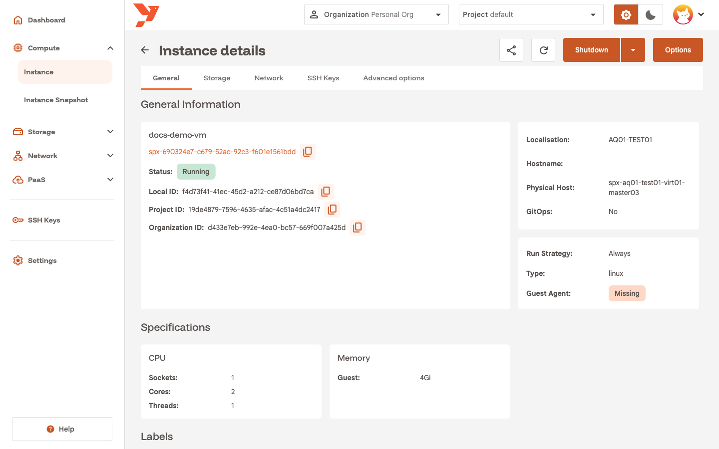 Instance details page with status Running